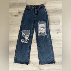 Dark Wash Distressed Straight Leg Jeans